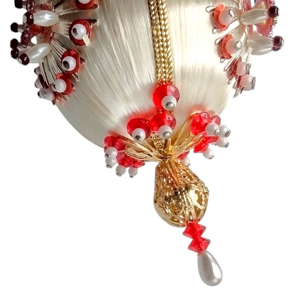 Vintage Beaded Push Pin Ornament Red Jewel White Satin Gold Silver Pearl 4" MCM - Picture 2 of 8